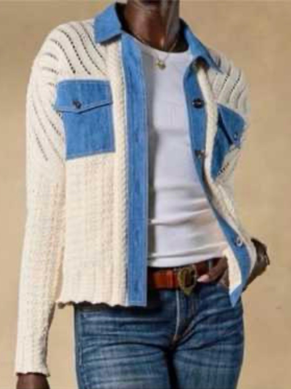 SUNDANCE Mixed Media Denim Trim Cable Knit Cardigan Cream Blue Women L